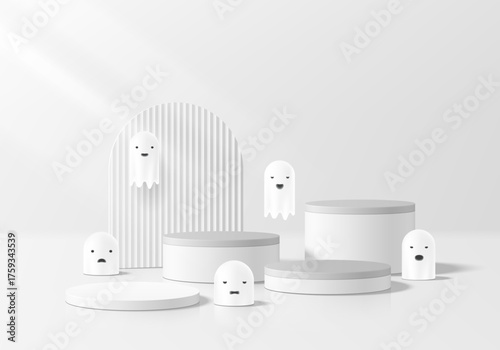 3D white round product podium background with flying ghosts in Halloween scene. Abstract composition minimalist design. Studio display showroom stands pedestal, Fashion stage showcases mockup scene