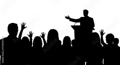 Silhouette of a speaker at a podium addressing an audience with many hands raised for questions or participation