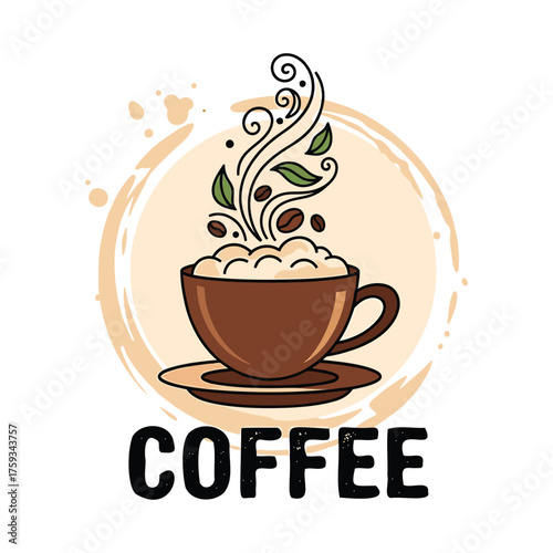 Brown coffee cup with steam and beans saucer