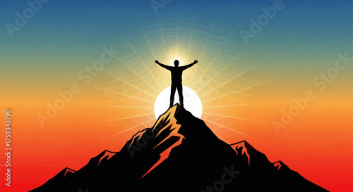 Silhouette of a person with arms raised on a mountain peak at sunrise/sunset with radiant sun