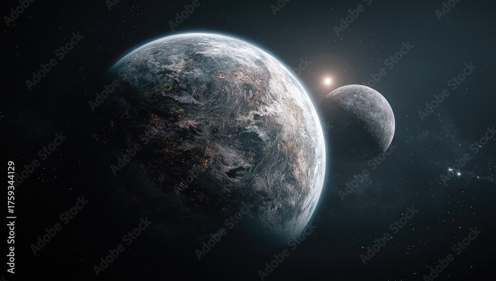 Obraz premium Earth-like planet & moon; star in background