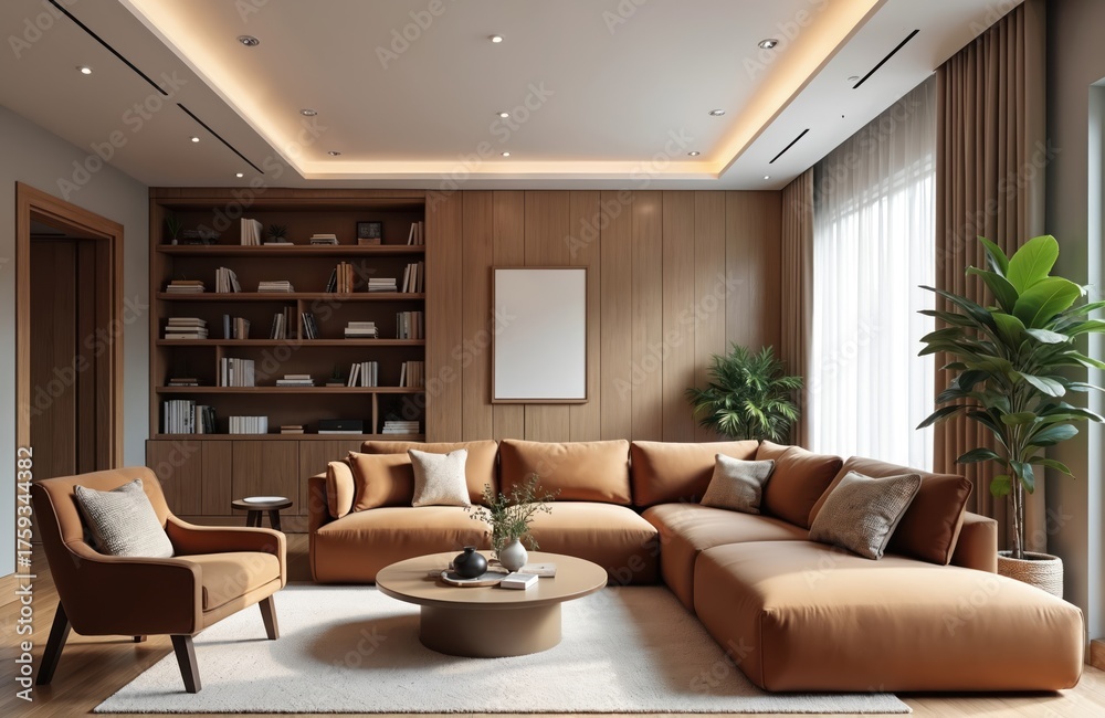 Fototapeta premium Modern spacious living room with warm brown sectional sofa, comfy armchair. Wood panel wall with bookshelf storage provides elegant backdrop. Round coffee table, green plants, large window with sheer
