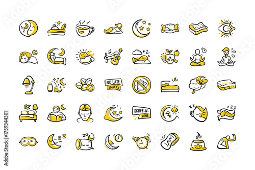 Sleep Routine Icons Illustration, Relaxation and Bedtime Symbol Collection