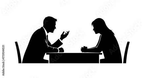 Two figures in silhouette sit across from each other at a table, engaged in conversation