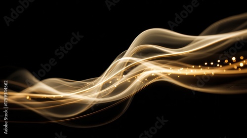 Golden light streaks flow across the dark background with bokeh effect. Use for technology, celebration, or abstract backgrounds or presentations.