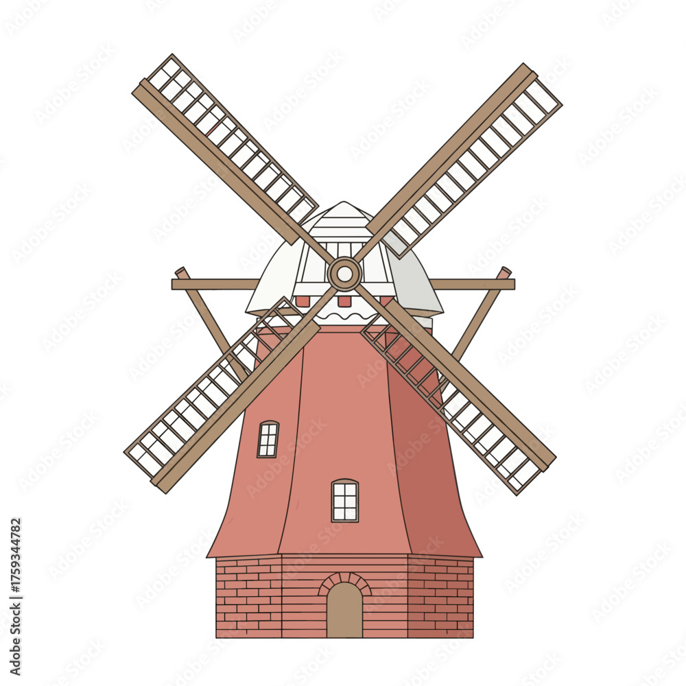 Obraz premium Traditional windmill illustration with wooden blades and red base 
