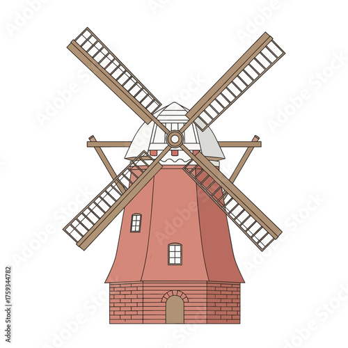 Traditional windmill illustration with wooden blades and red base  