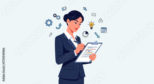 Professional woman in suit with clipboard, surrounded by icons representing business ideas