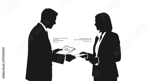 Silhouettes of a man and woman in suits exchanging documents against a white background