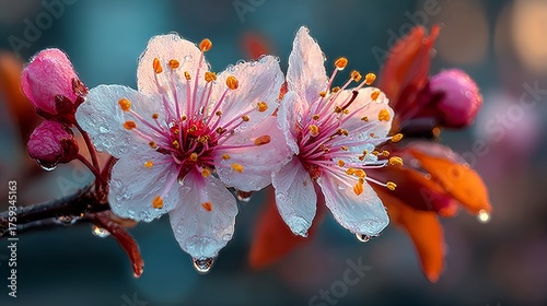 Dew-Kissed Spring Blossoms: Vibrant Pink Cherry Flowers with Glistening Water Droplets