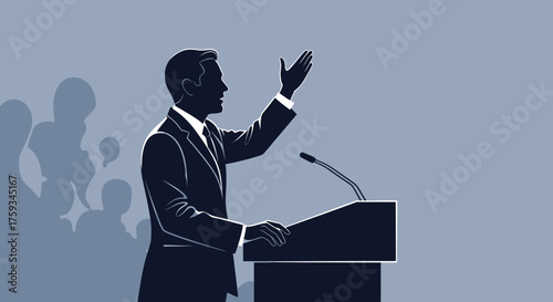 Silhouette of a speaker at a podium addressing an unseen audience, with a microphone