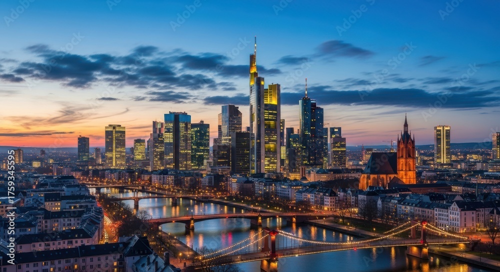Obraz premium Captivating skyline of Frankfurt during twilight with Main River bridges