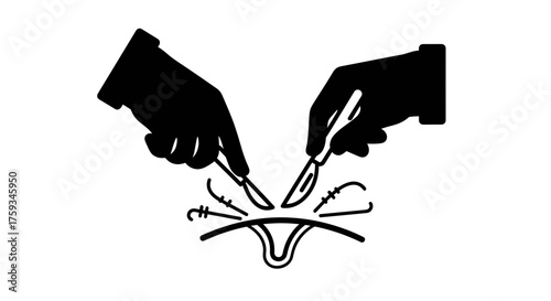 Two hands with scalpels performing a surgical incision on a skin surface, depicting a medical operation.