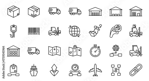 A collection of line art icons representing various aspects of logistics and shipping, including boxes, trucks, warehouses, and delivery vehicles.