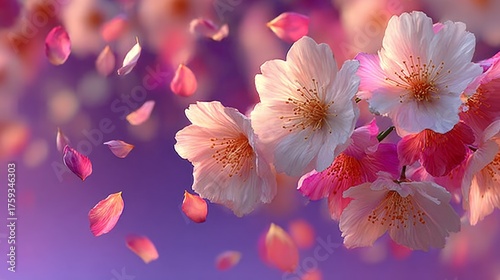 Ethereal Cherry Blossoms and Pink Petals on Purple Background