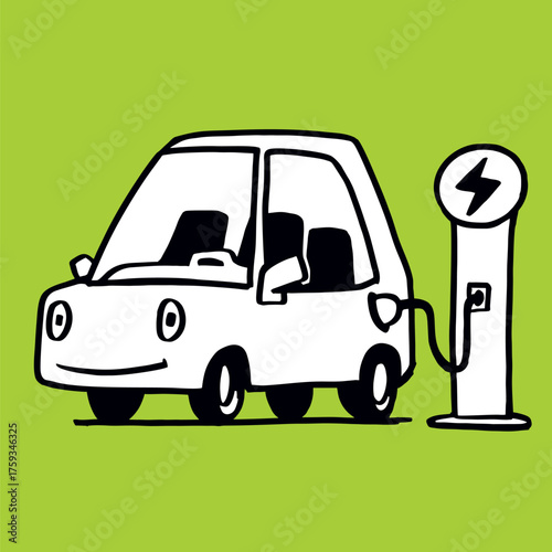 Sketch doodle electric car charging at the charger station. Vector illustration.