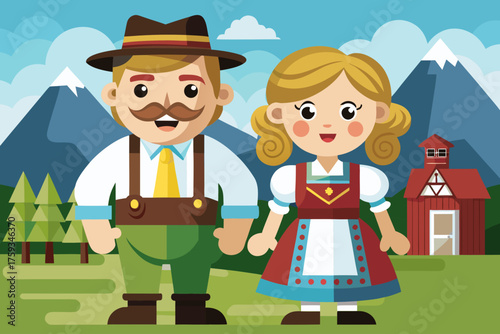 Bavarian man in lederhosen and woman in dirndl wearing embroidered aprons and traditional clothing at a local festival