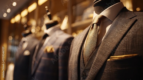 Suits with ties on display in a store showcase, elegant and tailored. Perfect for ads, fashion blogs, or showing off menswear style.