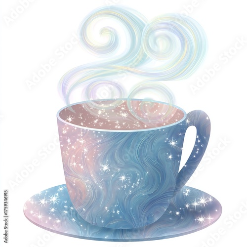 Pastel coffee cup with swirling steam and sparkling stars, creating a magical and dreamy atmosphere isolated on white background