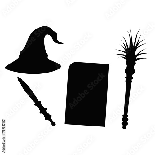 Silhouette of witch hat, magic wand, spell book and quill. Fantasy wizard tools illustration. Halloween magic objects isolated on white background