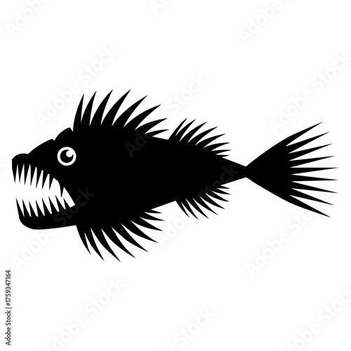 Silhouette of scary fish with sharp teeth and spiky fins. Aggressive deep sea creature illustration and marine predator design isolated on white background
