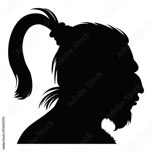 Silhouette of primitive man profile, caveman with ponytail and beard. Prehistoric human illustration, ancient history and anthropology concept isolated on white background