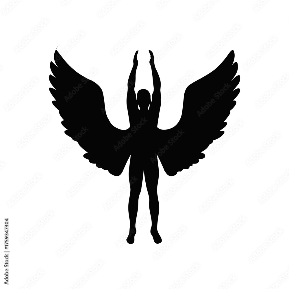 Obraz premium Silhouette of winged man with raised arms, angelic figure illustration, freedom and spiritual symbolism concept. Mythical fantasy art isolated on white background
