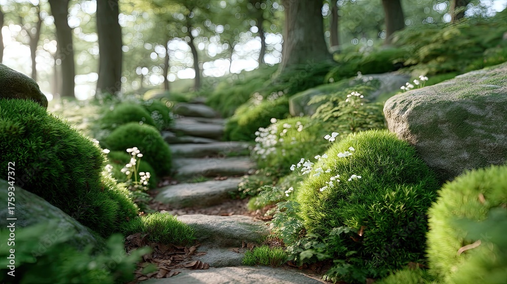 Obraz premium Zen Garden Pathway with Moss Covered Stones in Forest Natural Light
