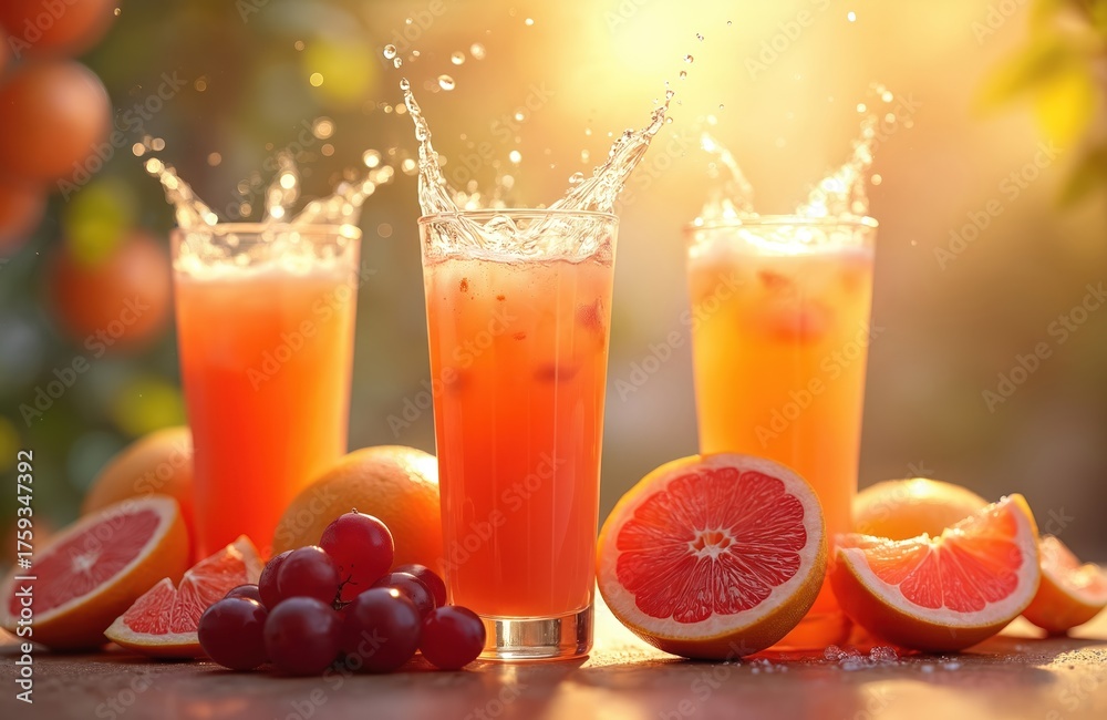 Fototapeta premium Three tall glasses of vibrant orange juice with ice, splashing liquid. Fresh grapefruits, grapes surround drinks, with warm sunlight filtering through in background, creating refreshing summer