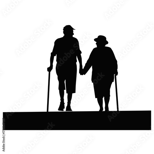 Silhouette of elderly couple walking hand in hand with canes, senior people love and companionship illustration. Old age care and togetherness concept isolated on white background