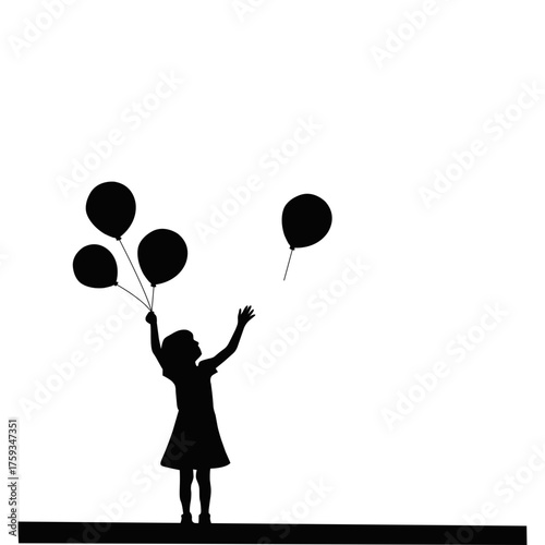 Silhouette of little girl holding balloons, child letting balloon fly and playful childhood moment illustration. Freedom and happiness concept isolated on white background
