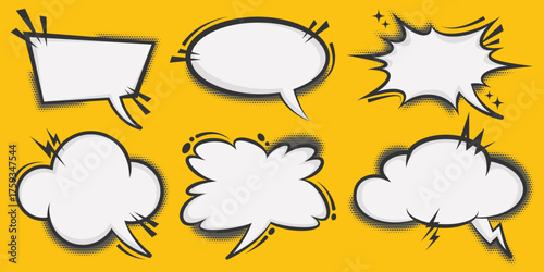 Manga speech bubble shapes. Comic frame for text with pop art halftone effect. Balloon chat shape for dialog. Vector cloud for shock shout and scream action messages. Irregular cartoon decorations