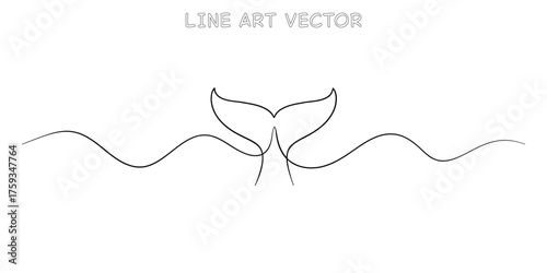 Elegant whale tail emerging from simple water waves line art