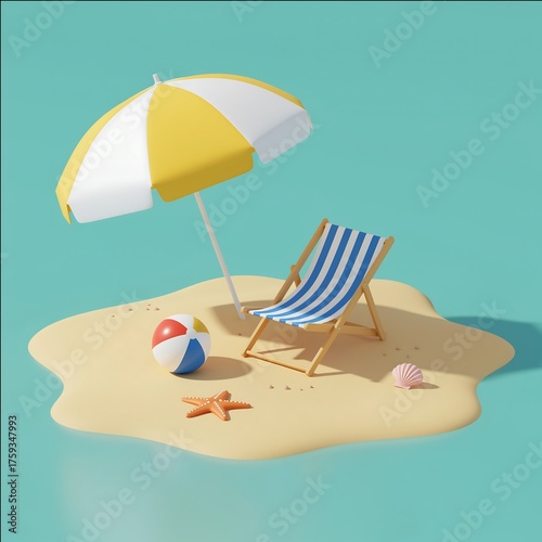 Summer vacation dream scene on sandy beach with relaxation items
