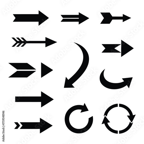Collection of simple black arrow shapes pointing different directions