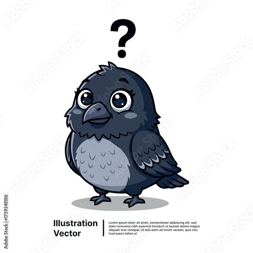 Cartoon crow with a question mark above its head, wondering and curious, simple and cute design