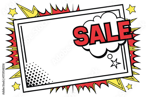 Comic style sale banner with red sale text in a cloud with stars and halftone pattern on a white background