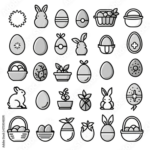 イースター卵とウサギの白黒アイコンセット｜Easter Egg and Bunny Monochrome Icons