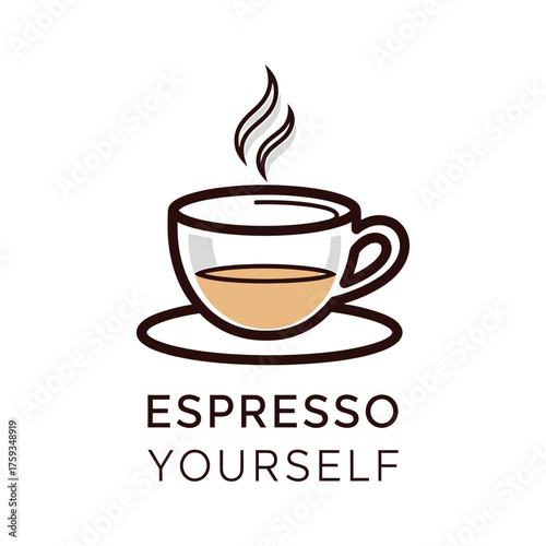 Steaming espresso cup with text coffee saucer