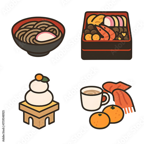 正月料理と冬の食べ物のアイコンセット｜New Year Foods and Winter Meals Icons