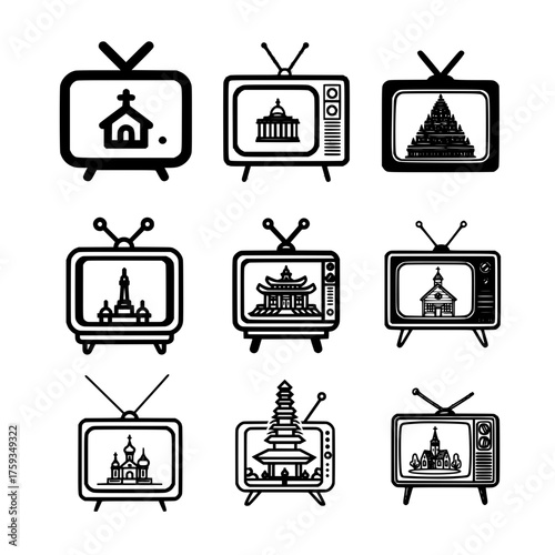 Old style TV displaying icon set of worship places like mosque church and spiritual temples