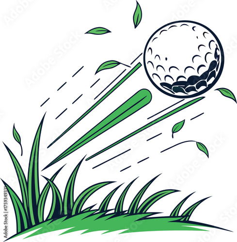 Golf ball flying on grass field vector illustration isolated design