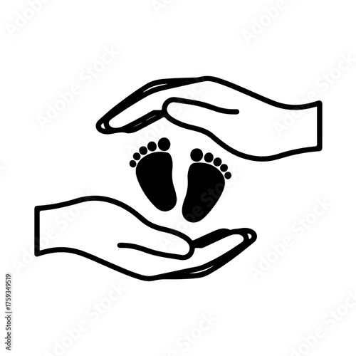 Tender black and white icon featuring adult hands gently cupping a newborn baby's tiny feet. A universal symbol of care, new life, and the essential role of the midwife