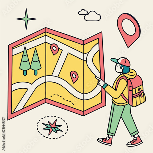 Travel adventure tourism man holding map and route navigation vector illustration for outdoor vacation and exploration design.