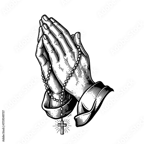 Engraving illustration depicting human hands clasped in prayer, holding a rosary with a cross, symbolizing deep spiritual faith, devotion, and religious contemplation