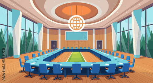 Spacious and modern conference room interior with a large table for diplomatic talks and business meetings.e