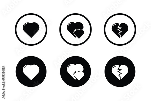 Heart icon set in circular outline and black circle. Love, couple, and broken heart symbol