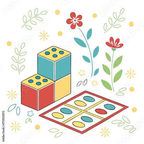 Creative kids educational toy building block set with floral decoration vector illustration for learning and play concept