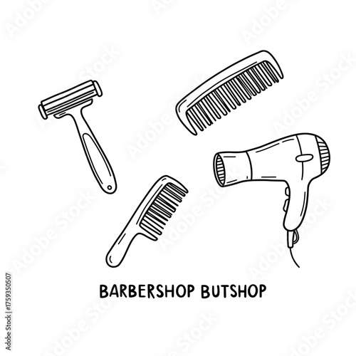 Barbershop tools illustration including razor, hairdryer, and combs.