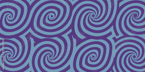 Dizzying optical illusion created by an endless seamless pattern of rotating purple and light blue spiral shapes